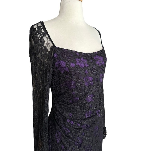 DAVID MEISTER Black Lace Cocktail Dress Beaded Cuffs, Purple Lining Size 6 - Picture 5 of 16